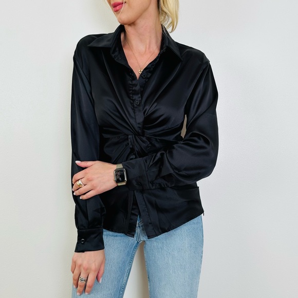 Shein Maite Perroni black satin solid front twist long sleeve blouse shirt - Picture 3 of 12